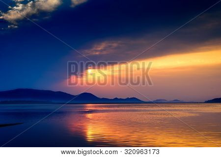 Sunrise Over Mahanadi River, Odisha, Eastern Ghat Mountain Range, Copy Space