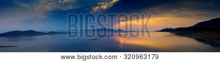 Panorama Of Sunrise Over Mahanadi River, Odisha, Eastern Ghat Mountain Range, Copy Space