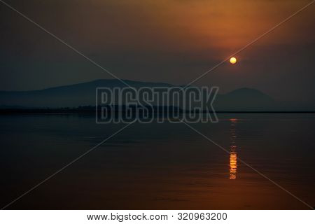 Sunrise Over Mahanadi River, Odisha, Eastern Ghat Mountain Range, Copy Space
