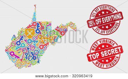 Security West Virginia State Map And Watermarks. Red Rounded Top Secret And 25 Percent Off Everythin