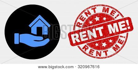 Rounded Hand Offer House Icon And Rent Me Exclamation Seal Stamp. Red Rounded Textured Stamp With Re