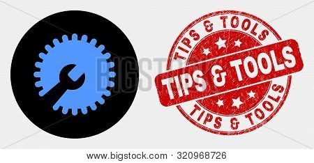 Rounded Repair Wrench Icon And Tips And Tools Watermark. Red Rounded Grunge Watermark With Tips And 