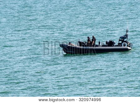 Clacton   United Kingdom 23 August  2019  -:  Inflatable Border Patrol Boat On Calm Sea