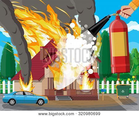 Wooden House Burns Fire In Cottage. Extinguish Fire In Home. Fireman Hand With Fire Extinguisher. Pr