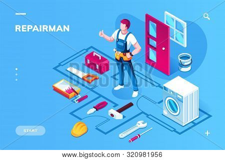 Home Repairman And Building Maintenance Instruments. Isometric Worker In Uniform For Indoor House Re