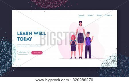 Pupils And Teacher In Classroom Website Landing Page. Back To School Concept With Young Woman Pedago