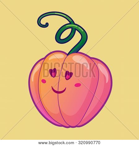 Vector Illustration Of Cute Cartoon Halloween Pumpkin. Lovely Pumpkin With Heart-shaped Eyes Isolate