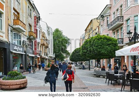 Plovdiv, Bulgaria - May 7, 2018: Walking People At Central Street In City Of Plovdiv, Bulgaria