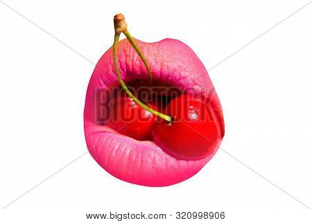 Lips With Cherries, Taste, Delicious Kiss. Mouth Of A Young Girl With Fruits Isolated On A White Bac