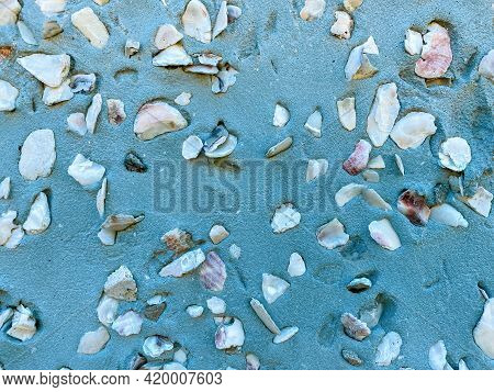 Closeup View Of Concrete Stucco Blue Seawall With Embedded Ocean Shells Shot As An Industrial Scene