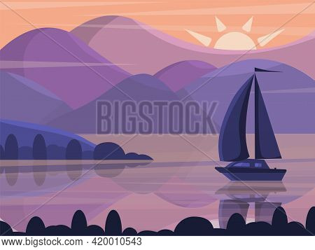 Landscape With A Sailboat On The Background Of Mountains And The Setting Sun