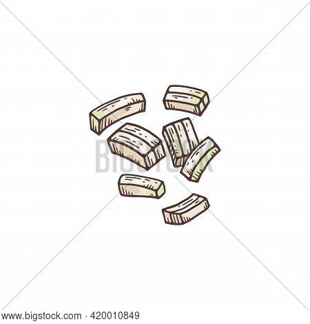 Chopped Onion Pieces Hand Drawn Engraving Vector Illustration Isolated On White.
