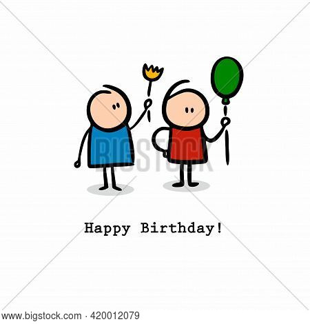 Happy Birhtday Print For Card With Cute Doodle Characters.