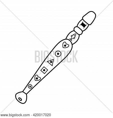 Toy Flute Doodle Isolated On White Background. Hand Drawing Childrens Instrument. Child Music Perfor