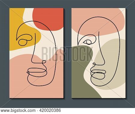 Modern Abstract Art Face. Set Of Abstract Backgrounds With Minimal Shapes And Lines. Home Decor Desi