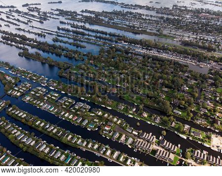 Aerial Panorama View Of Houses On Vinkeveense Plassen Lake With Thousand Islands River Canals Achter