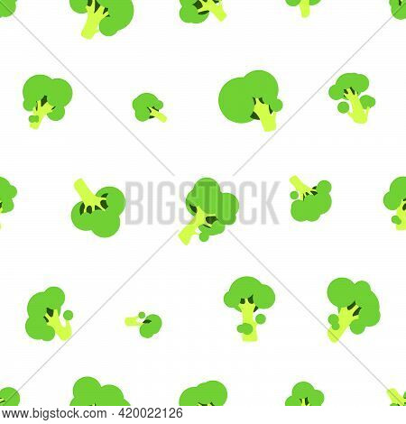 Seamless Vector Pattern Of Green Broccoli On White Background