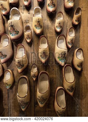 A Selection Of Traditional Typical Dutch Footwear Klompen Klomp Clog Shoes In Zaanse Schans Zaandijk