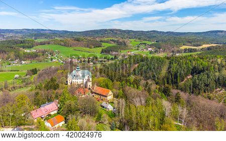 Lemberk Castle In The Forests Of Lusatian Mountains, Czech Republic. Aerial View From Drone.