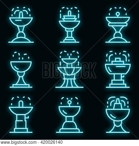 Drinking Fountain Icons Set. Outline Set Of Drinking Fountain Vector Icons Neon Color On Black