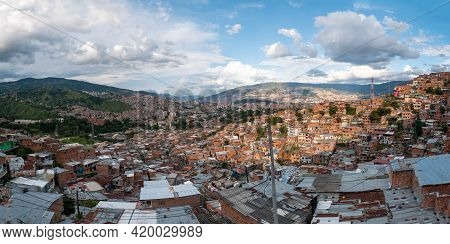 Medellin, Antioquia, Colombia - December 23 2020: Comuna 13 View, Touristic Artistic Urban Attractio