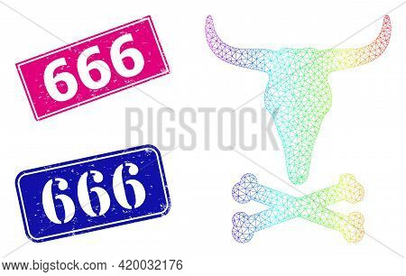 Rainbow Colorful Mesh Dead Bull Bones, And 666 Scratched Framed Rectangle Seals. Pink And Blue Recta