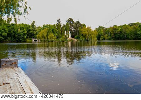 View Of Upper Pond And Pink Pavilion On Island Of Anti-circe (island Of Love) In Sofiyivka Park In U