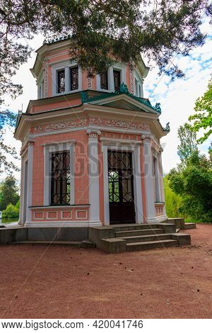 Pink Pavilion On Island Of Anti-circe (island Of Love) In Sofiyivka Park In Uman, Ukraine