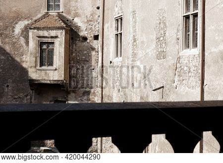 HUNEDOARA, ROMANIA - MAY 7, 2021: Architectural details of Corvin Castle, also known as Hunyadi Castle or Hunedoara Castle, Hunedoara County, Transylvania, Romania