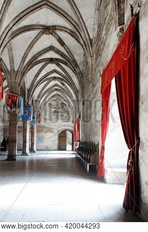 HUNEDOARA, ROMANIA - MAY 7, 2021: Architectural details of Corvin Castle, also known as Hunyadi Castle or Hunedoara Castle, Hunedoara County, Transylvania, Romania