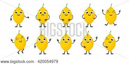 Cartoon Funny Fruits. Happy Lemon With Face. Summer Fruit Lemon Characters Isolated On White. Vector