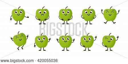 Cartoon Funny Fruits. Happy Apple With Face. Summer Fruit Apple Characters Isolated On White. Vector
