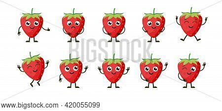 Cartoon Funny Fruits. Happy Strawberry With Face. Summer Fruit Strawberry Characters Isolated On Whi
