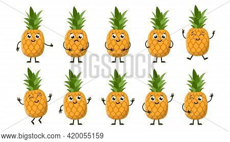 Cartoon Funny Fruits. Happy Pineapple With Face. Summer Fruit Pineapple Characters Isolated On White
