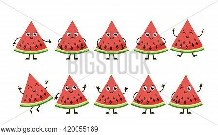 Cartoon Funny Fruits. Happy Watermelon With Face. Summer Fruit Watermelon Characters Isolated On Whi