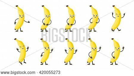Cartoon Funny Fruits. Happy Banana With Face. Summer Fruit Banana Characters Isolated On White. Vect