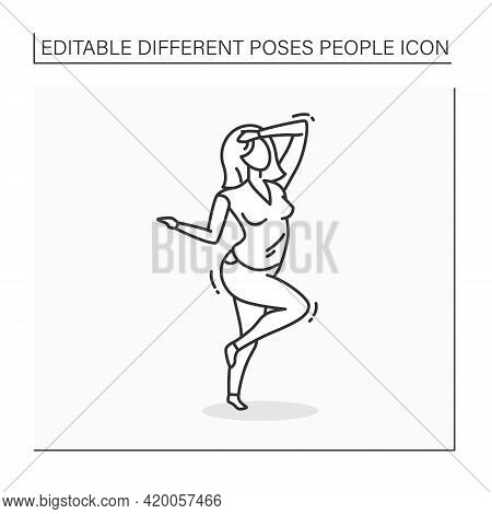 Person Pose Line Icon. Woman Raised One Leg Up, Keeps Hand On Forehead. Dancing. Waving. Looking Dir