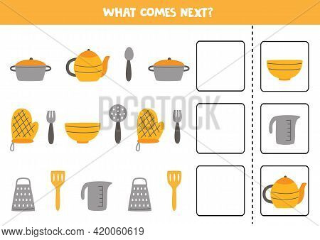What Comes Next Game With Kitchen Utensils. Educational Logical Game For Kids.