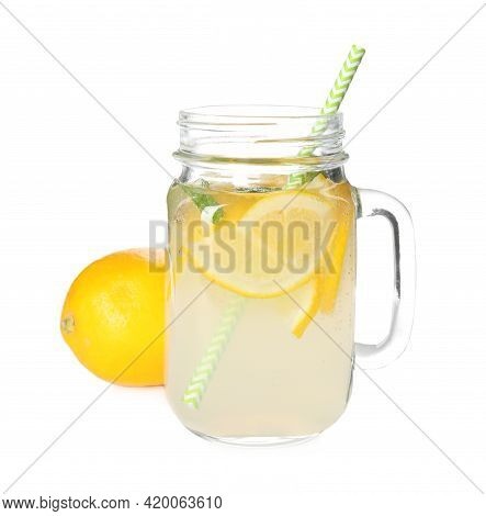 Cool Freshly Made Lemonade In Mason Jar Isolated On White