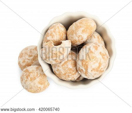 Tasty Homemade Gingerbread Cookies In Bowl On White Background, Top View