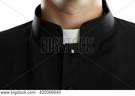 Priest Wearing Cassock With Clerical Collar On White Background, Closeup