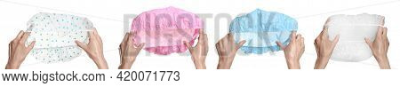 Collage With Photos Of Women Holding Different Shower Caps On White Background, Closeup. Banner Desi