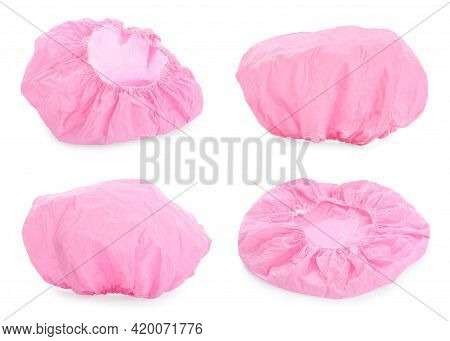 Set With Waterproof Shower Caps On White Background
