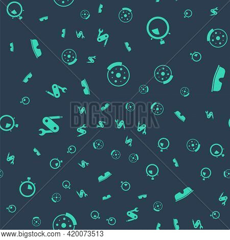 Set Bicycle Brake Disc, Stopwatch, Swiss Army Knife And Sport Cycling Sunglasses On Seamless Pattern