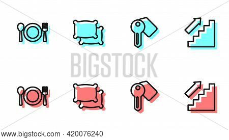 Set Line Hotel Door Lock Key, Plate, Fork And Knife, Pillow And Stairs Up Icon. Vector