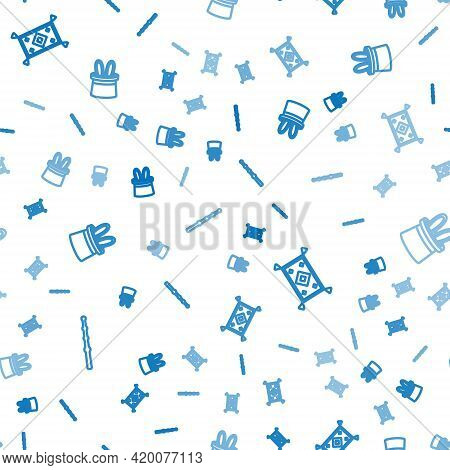 Set Line Magic Wand, Carpet And Magician Hat Rabbit Ears On Seamless Pattern. Vector