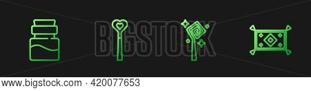 Set Line Magic Staff, Bottle With Potion, Wand And Carpet. Gradient Color Icons. Vector
