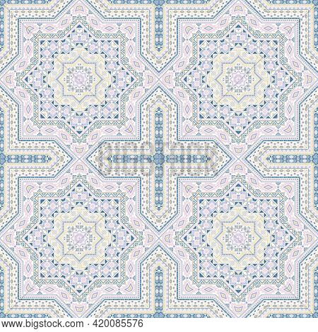 Retro Victorian Majolica Tile Seamless Rapport. Geometric Texture Vector Swatch. Curtains Print Desi