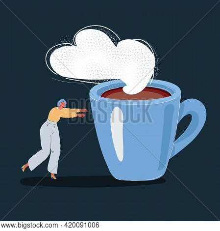 Vector Illustration Of Half Awake Woman Go Toward Big Giant Mug Of Coffee On Dark Backround