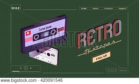 Retro Mixtapes Cartoon Landing Page, Audio Record Player Online Interface Or Mobile Application With